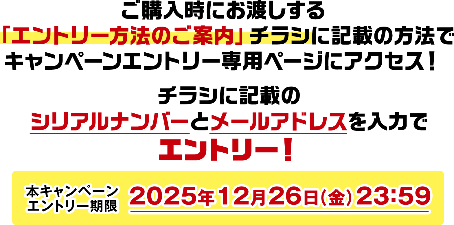 ご購入時にお渡しする「エントリー方法のご案内」チラシに記載の方法でキャンペーンエントリー専用ページにアクセス! チラシに記載のシリアルナンバーとメールアドレスを入力でエントリー! 本キャンペーンエントリー期限 2025年12月26日(金)23:59