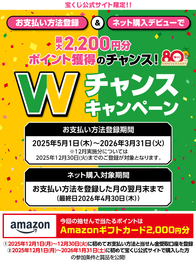 宝くじ公式サイト限定!! お支払い方法登録＆ネット購入デビューで最大2,200円分ポイント獲得のチャンス! Wチャンスキャンペーン お支払い方法登録期間 2025年5月1日(木)～2026年3月31日(火) ※12月実施分については2025年12月30日(火)までのご登録が対象となります。 ネット購入対象期間 お支払い方法を登録した月の翌月末まで (最終日2026年4月30日(木)) 今回の抽せんで当たるポイントはAmazonギフトカード2,000円分 ①2025年12月1日(月)～12月30日(火)に初めてお支払い方法と当せん金受取口座を登録 ②2025年12月1日(月)～2026年1月31日(土)に初めて宝くじ公式サイトで購入した方の参加条件と賞品を公開!